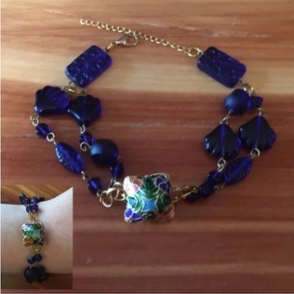 Handmade Blue and Gold Beaded Bracelet made from Vintage Beads